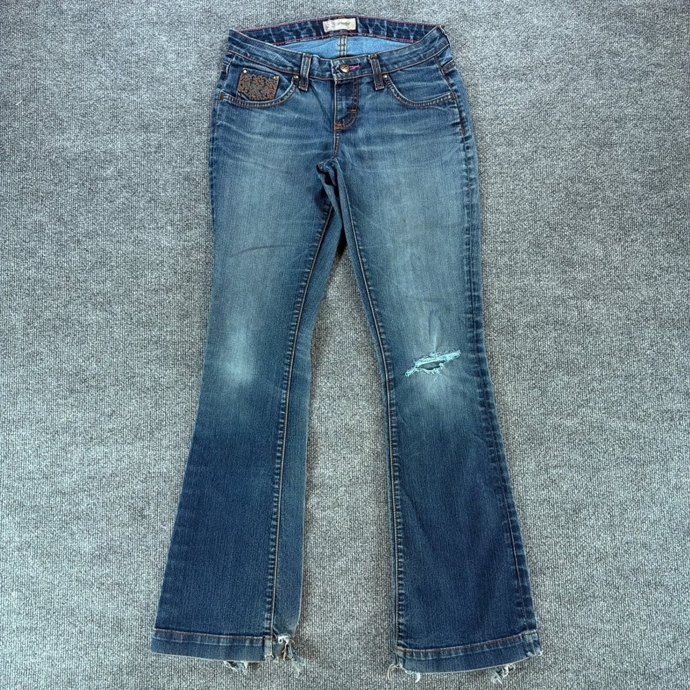 Twenty x Houston Low Rise Flare Jeans Medium Wash Distressed Y2K Bootcut Denim